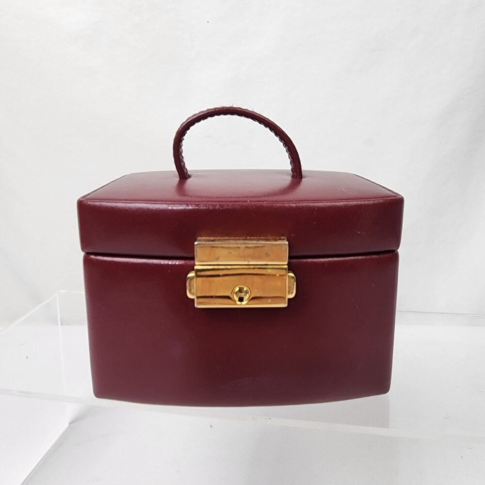 Wolf Designs Red Leather Travel Jewelry Box Case 5" x 3" w/ Mirror, Handle 1997